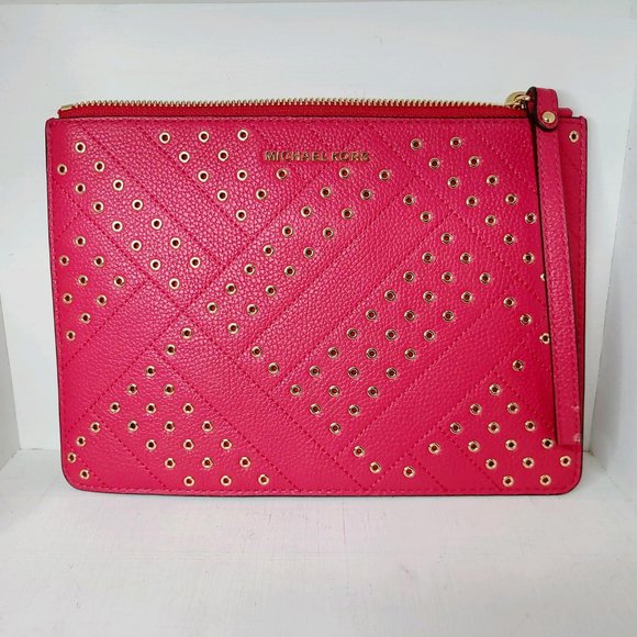 MICHAEL KORS Leather Jet Set Travel XL Zip Grommet Clutch, Rubin Red, GUC - Picture 1 of 3